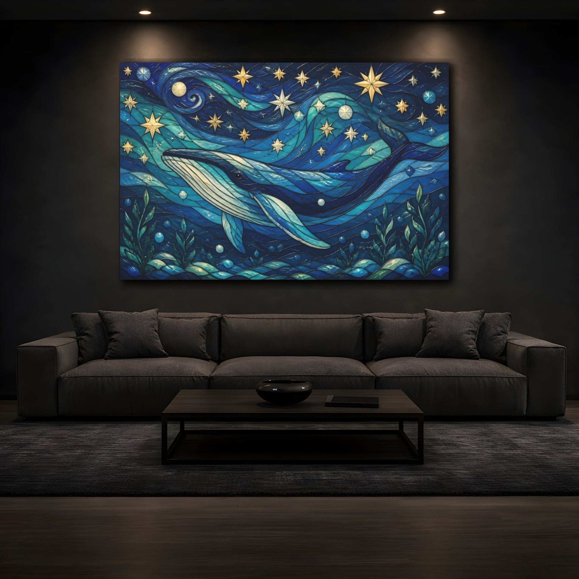 Mockup 3. Celestial Blue Whale shown as canvas print
