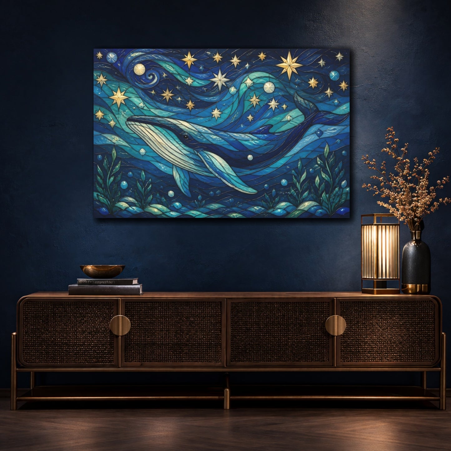 Mockup 4. Celestial Blue Whale shown as canvas print
