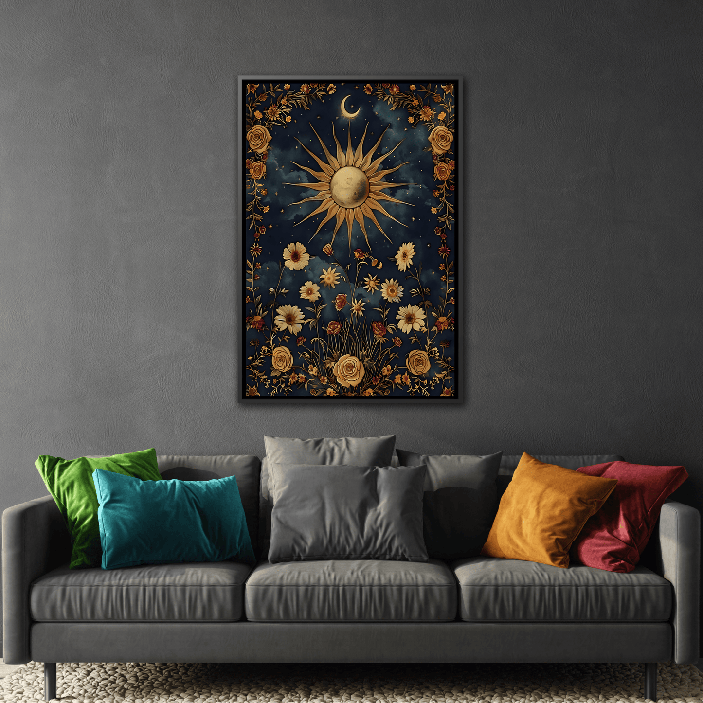 Celestial Floral Canvas Print, Mystical Astrology Boho Sun Moon Cosmic Wall Art - YesArtYes