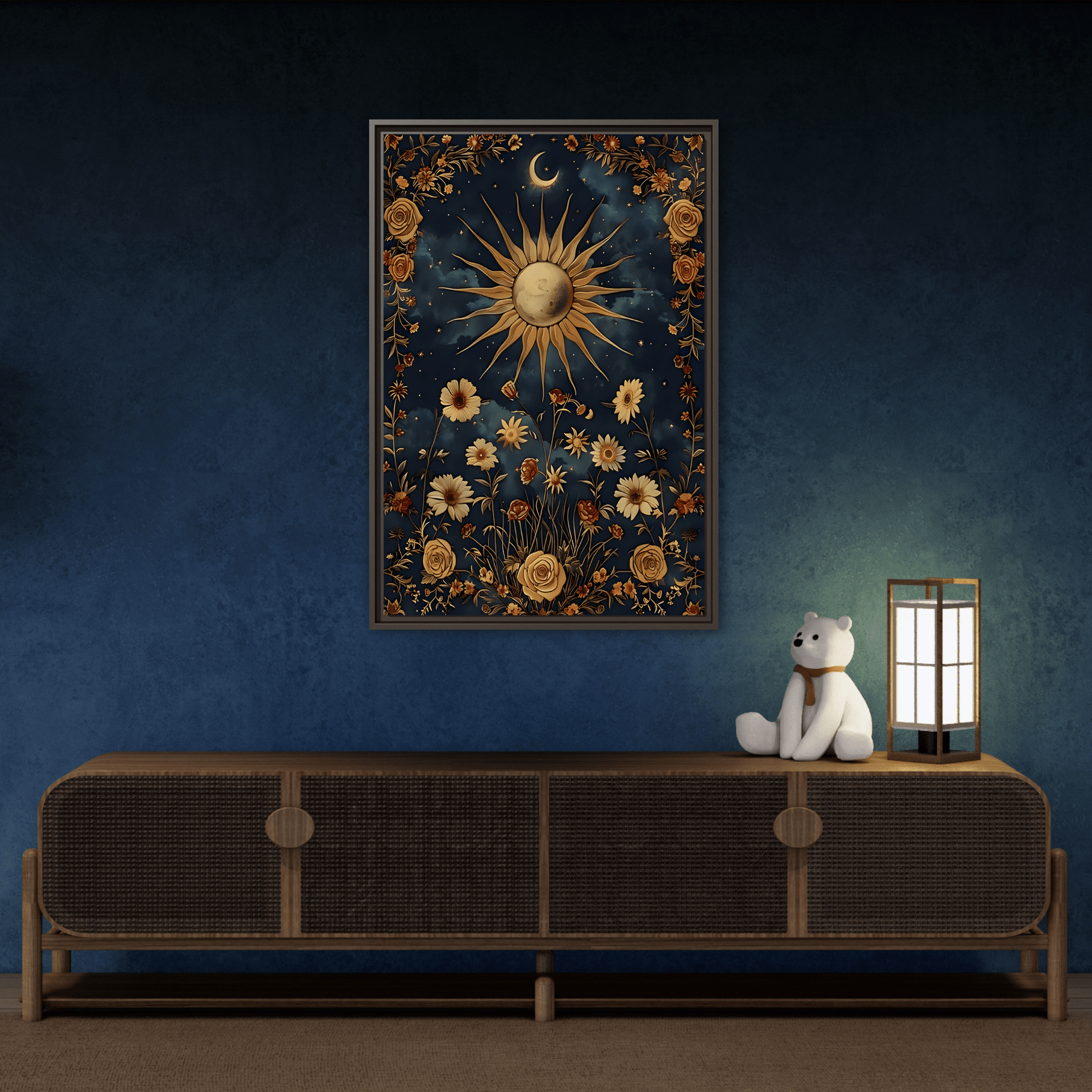 Celestial Floral Canvas Print, Mystical Astrology Boho Sun Moon Cosmic Wall Art - YesArtYes