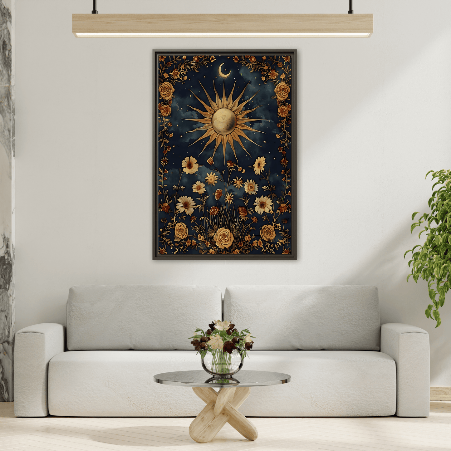 Celestial Floral Canvas Print, Mystical Astrology Boho Sun Moon Cosmic Wall Art - YesArtYes
