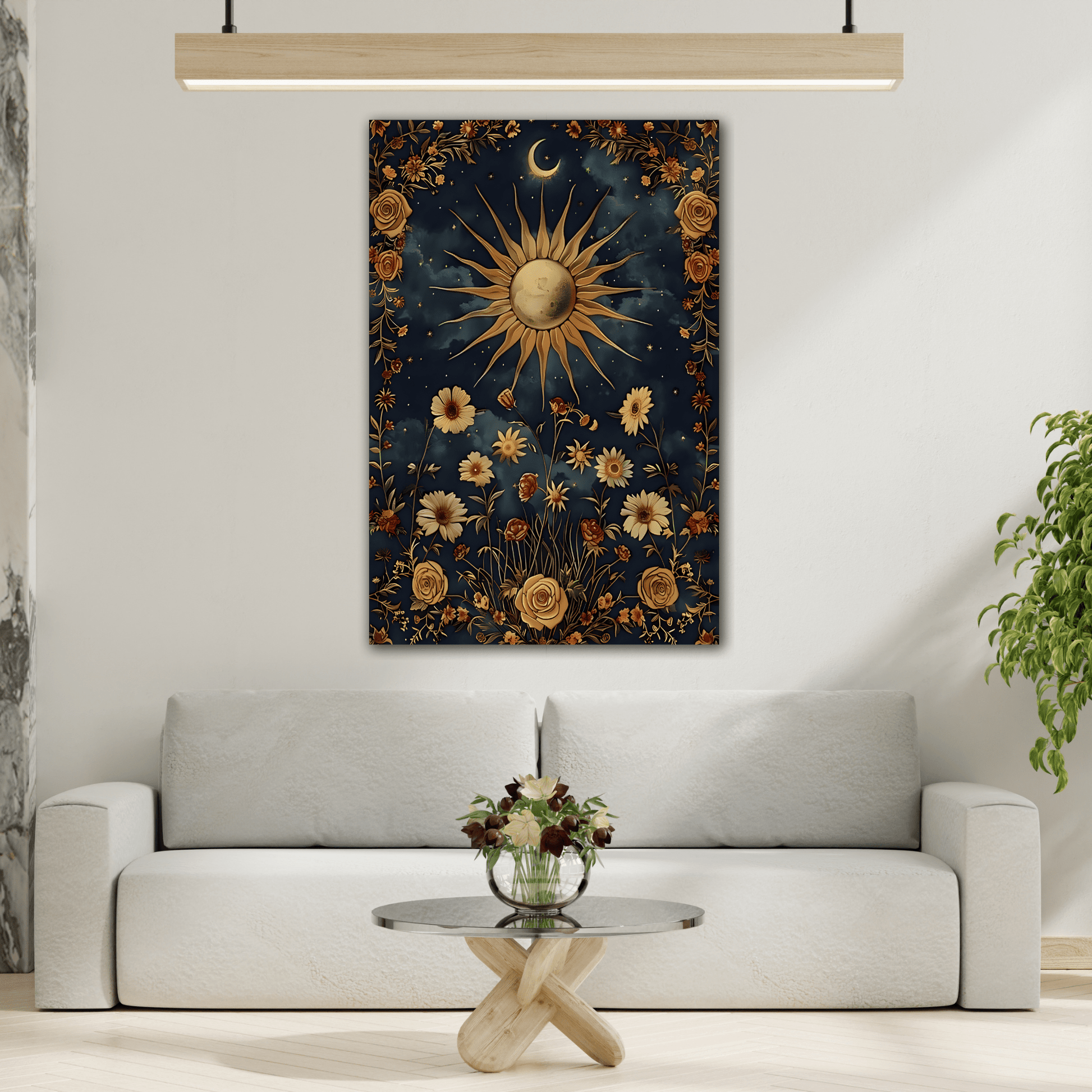 Celestial Floral Canvas Print, Sun Moon Stars Cosmic Mystical Boho Wall Art - YesArtYes