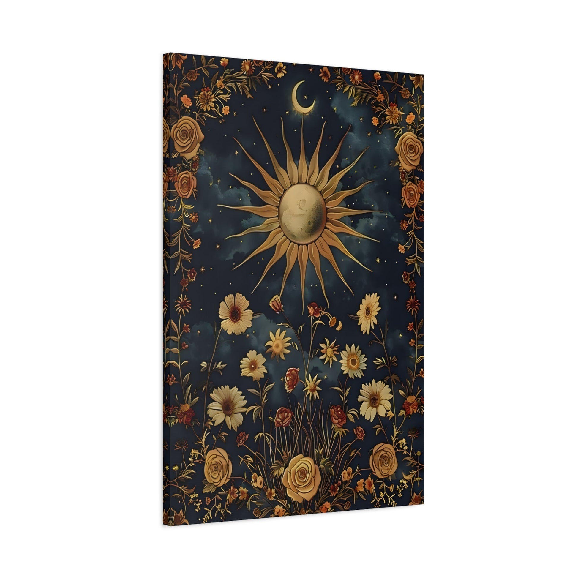 Celestial Floral Canvas Print, Sun Moon Stars Cosmic Mystical Boho Wall Art - YesArtYes