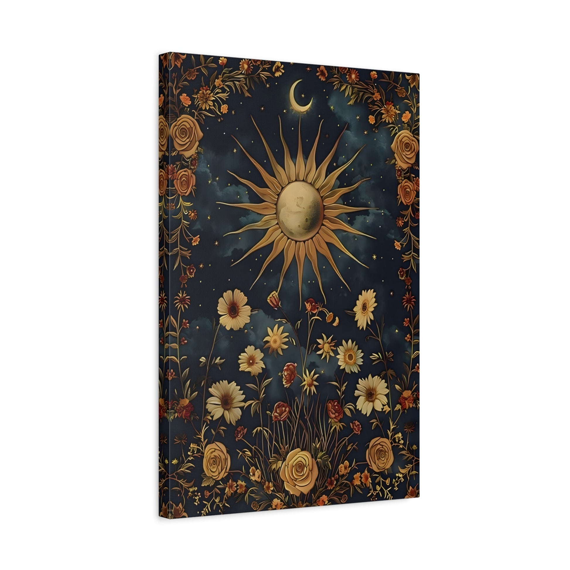 Celestial Floral Canvas Print, Sun Moon Stars Cosmic Mystical Boho Wall Art - YesArtYes