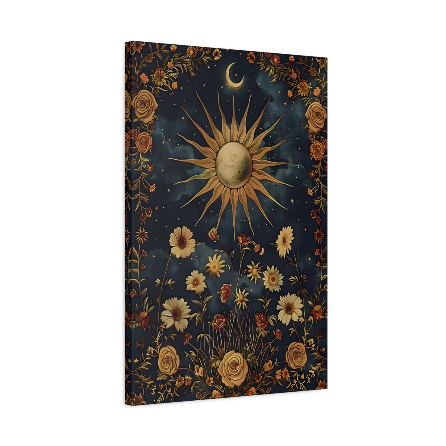 Celestial Floral Canvas Print, Sun Moon Stars Cosmic Mystical Boho Wall Art - YesArtYes