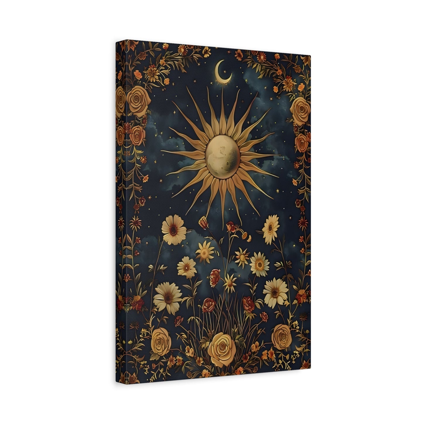 Celestial Floral Canvas Print, Sun Moon Stars Cosmic Mystical Boho Wall Art - YesArtYes