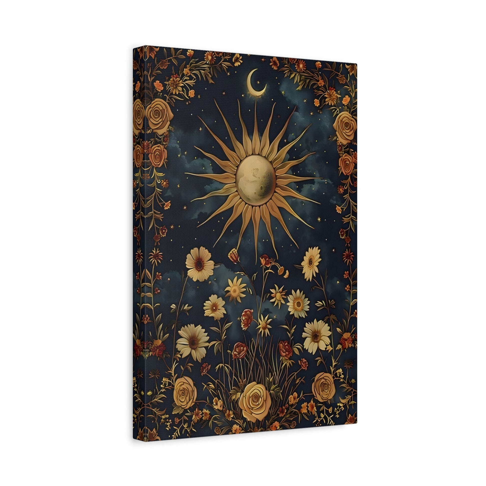 Celestial Floral Canvas Print, Sun Moon Stars Cosmic Mystical Boho Wall Art - YesArtYes