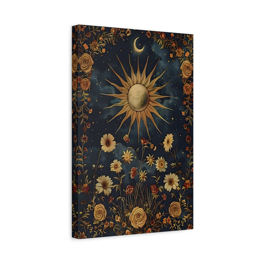 Celestial Floral Canvas Print, Sun Moon Stars Cosmic Mystical Boho Wall Art - YesArtYes