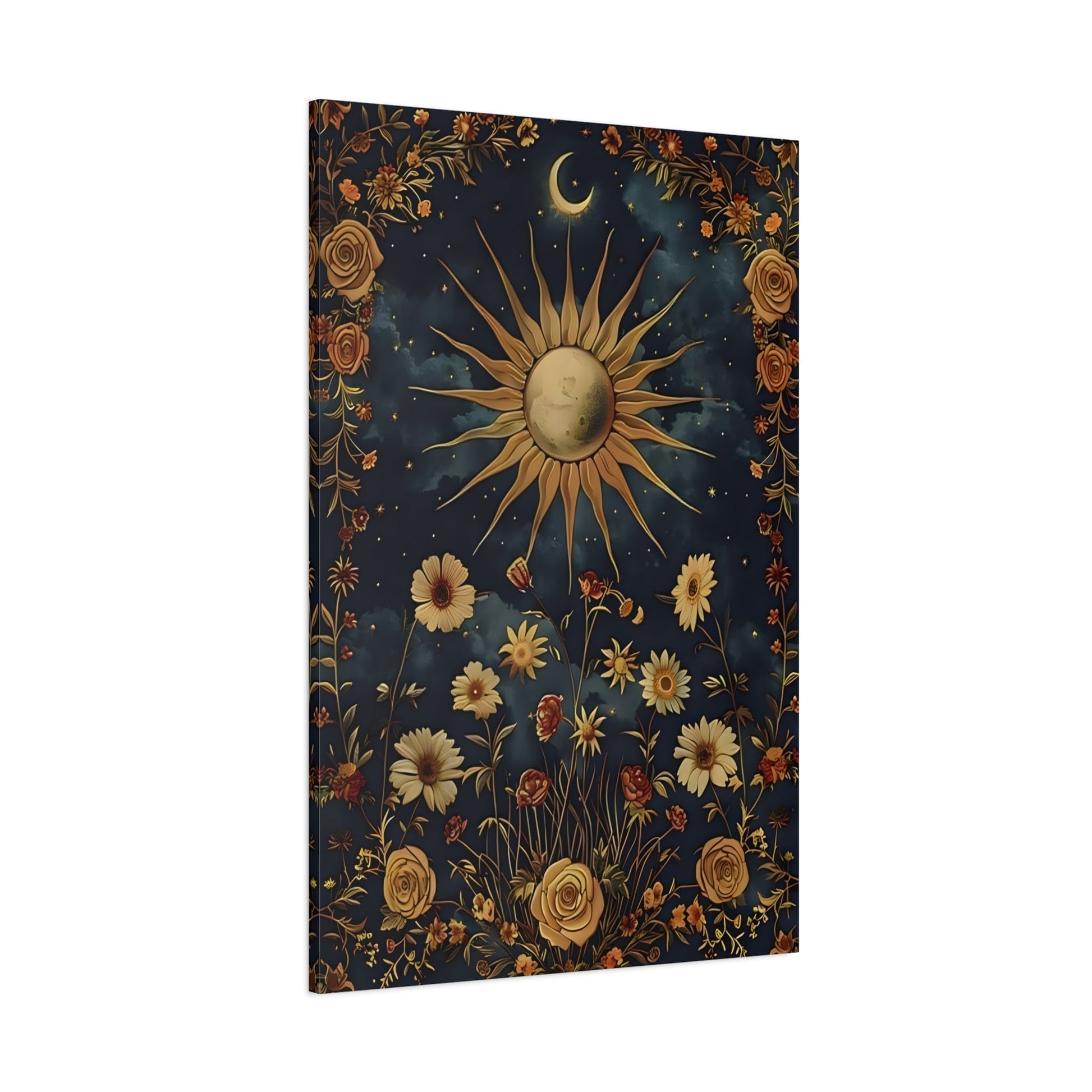 Celestial Floral Canvas Print, Sun Moon Stars Cosmic Mystical Boho Wall Art - YesArtYes