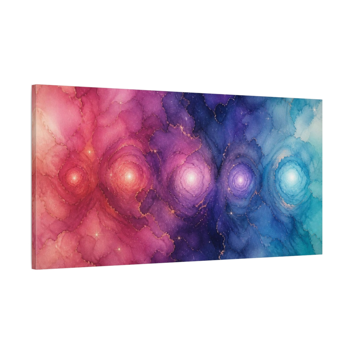 Main Mockup. Celestial Orbs In Indigo Rose shown as canvas print