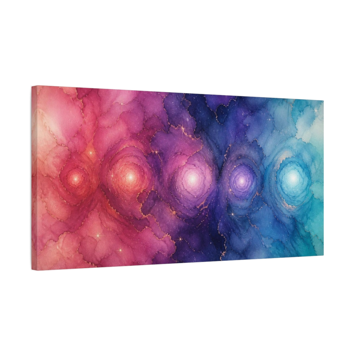 Side Mockup 1. Celestial Orbs In Indigo Rose shown as canvas print
