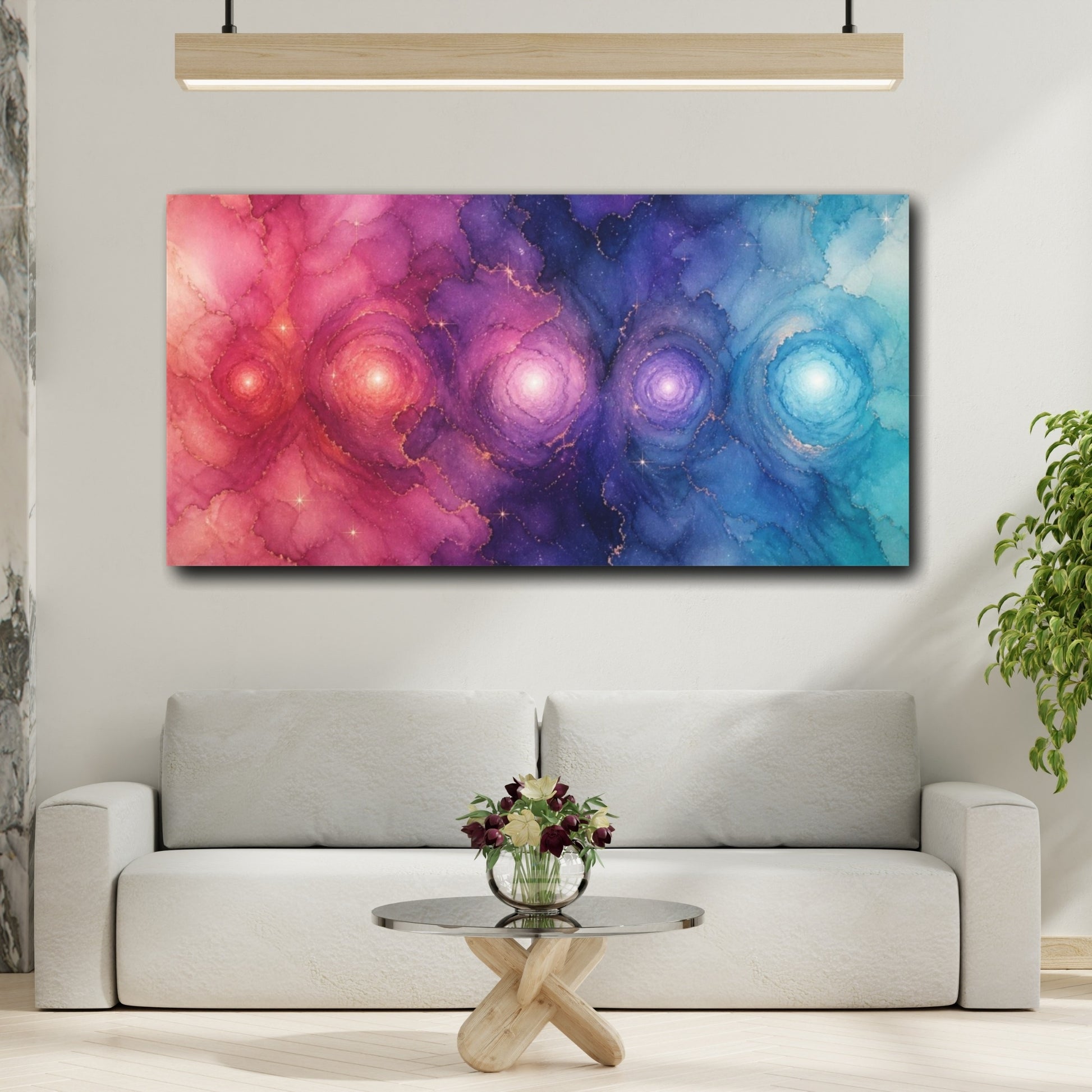 Mockup 2. Celestial Orbs In Indigo Rose shown as canvas print