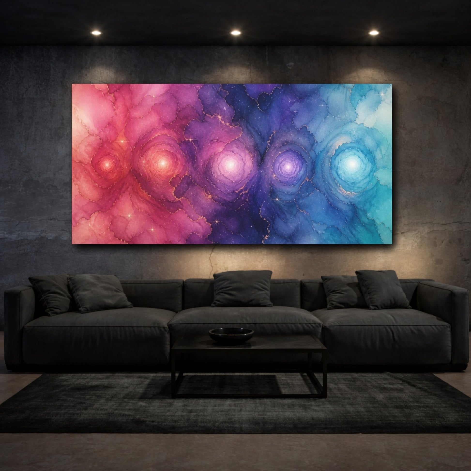 Mockup 3. Celestial Orbs In Indigo Rose shown as canvas print
