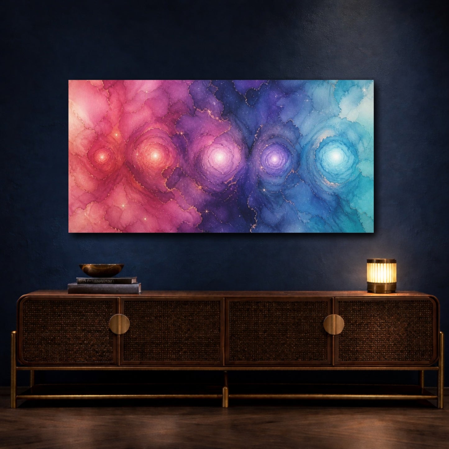 Mockup 4. Celestial Orbs In Indigo Rose shown as canvas print