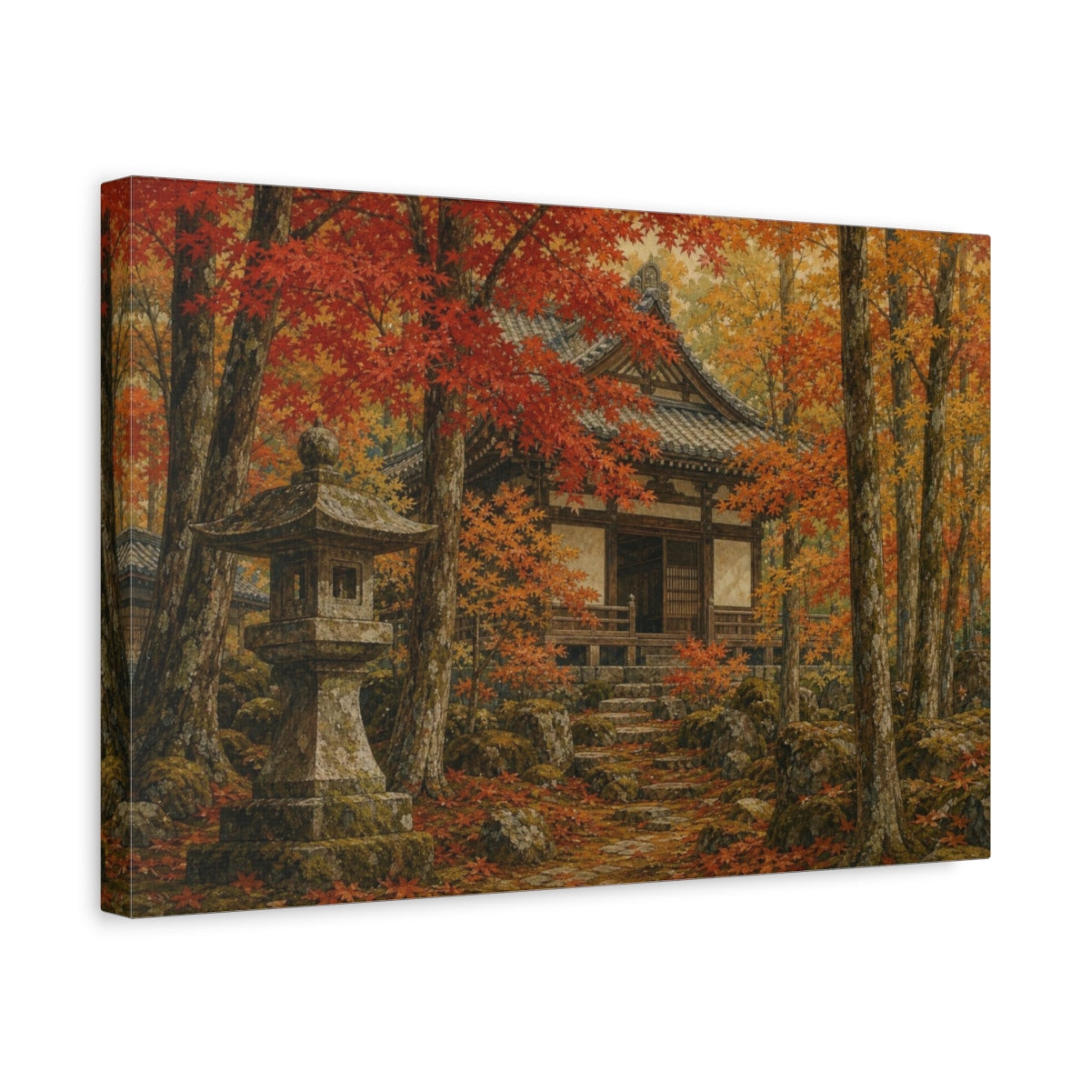 Side Mockup 4. Ceramic-Glaze Japanese Painting Autumn Maple Temple Garden With A Stone Lantern, Ochre, Russet And Moss shown as canvas print