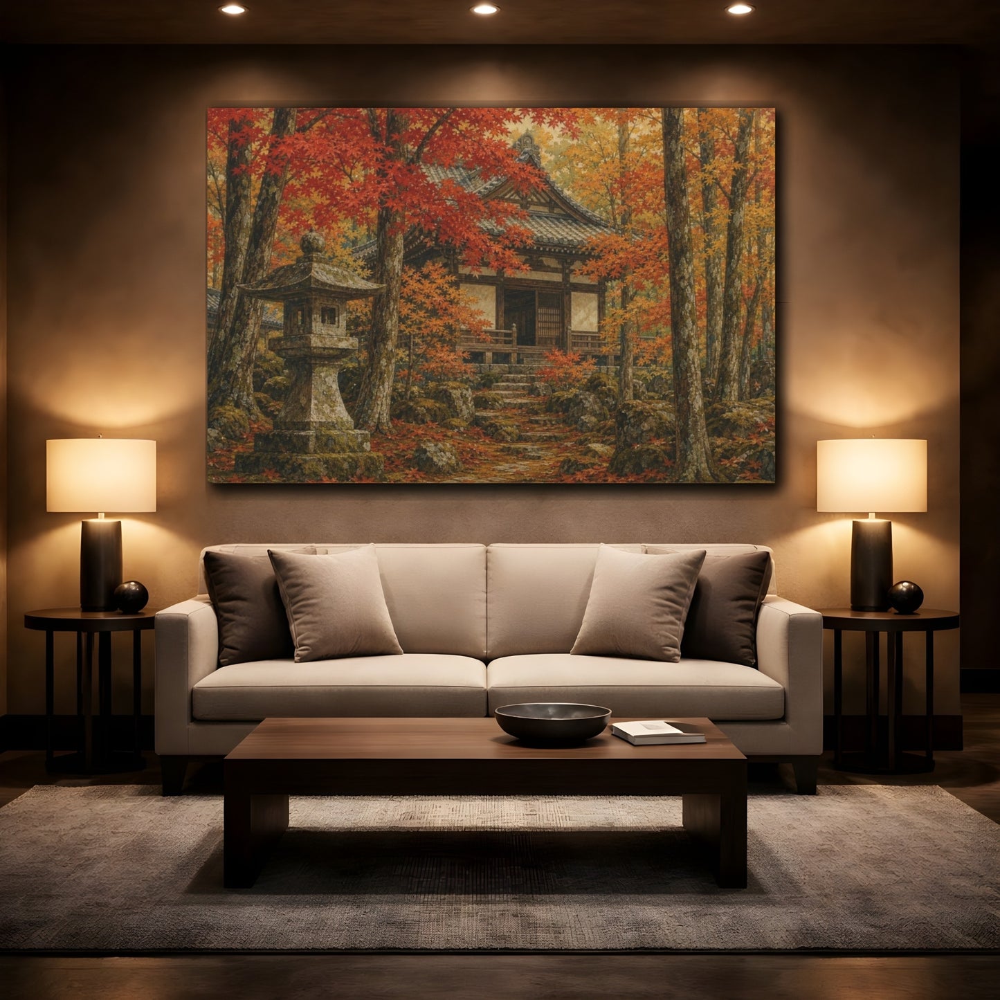 Mockup 2. Ceramic-Glaze Japanese Painting Autumn Maple Temple Garden With A Stone Lantern, Ochre, Russet And Moss shown as canvas print