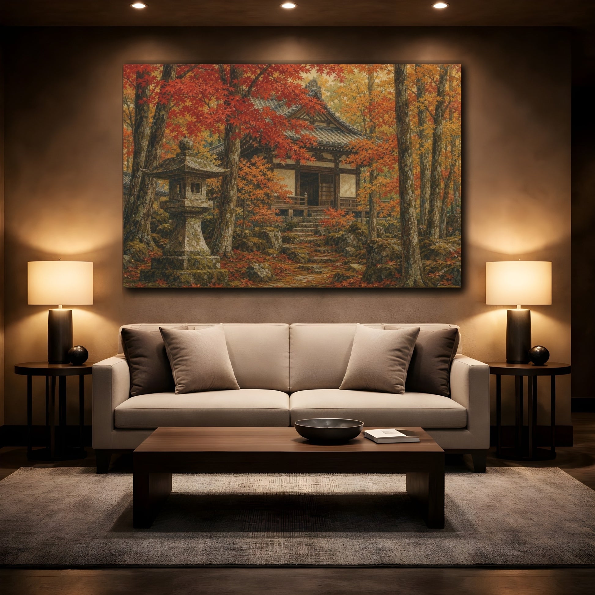 Mockup 2. Ceramic-Glaze Japanese Painting Autumn Maple Temple Garden With A Stone Lantern, Ochre, Russet And Moss shown as canvas print