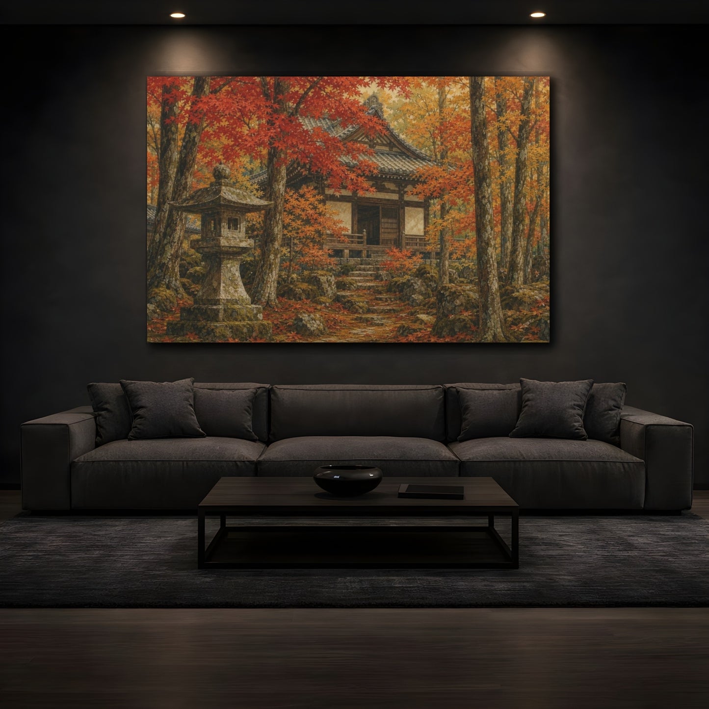 Mockup 3. Ceramic-Glaze Japanese Painting Autumn Maple Temple Garden With A Stone Lantern, Ochre, Russet And Moss shown as canvas print