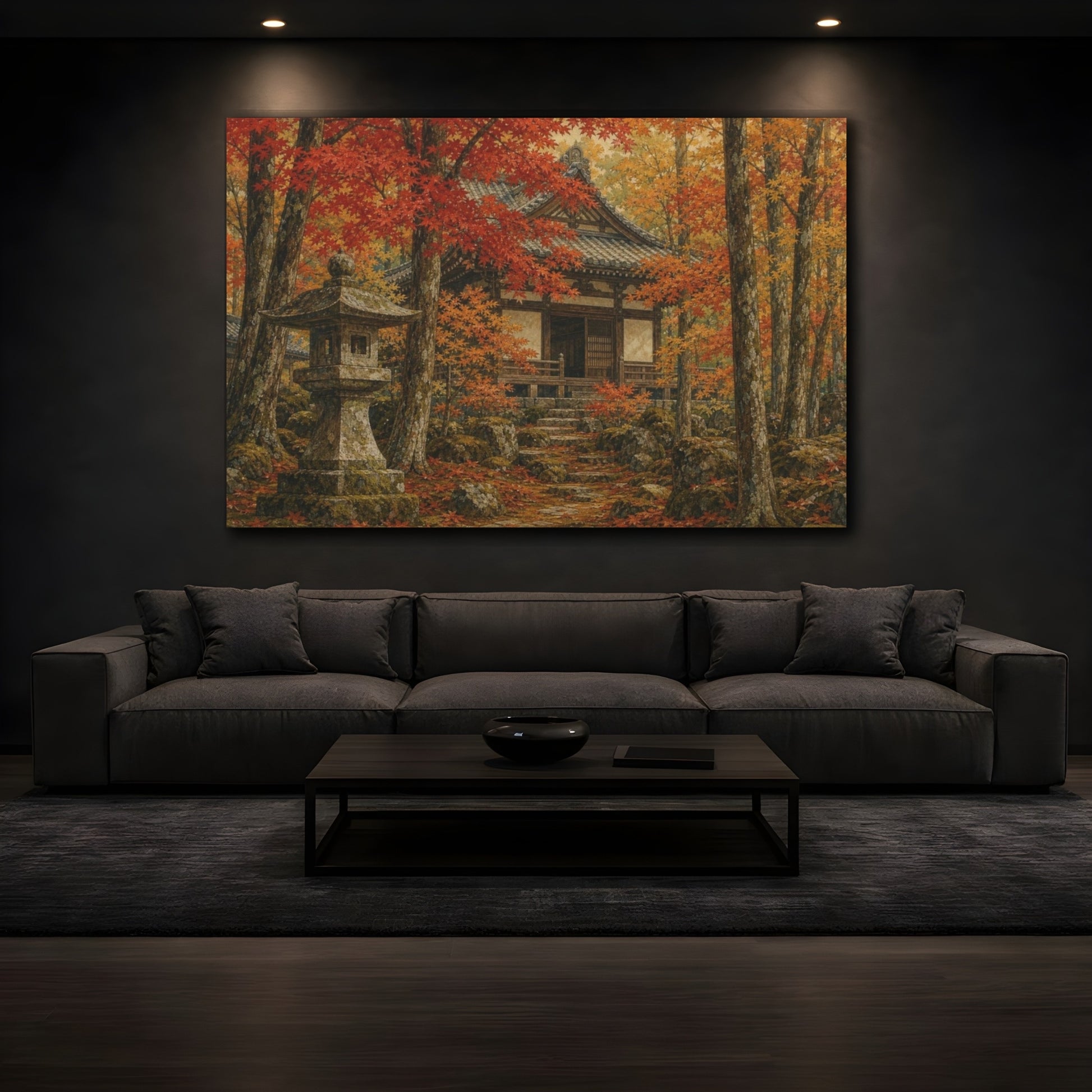 Mockup 3. Ceramic-Glaze Japanese Painting Autumn Maple Temple Garden With A Stone Lantern, Ochre, Russet And Moss shown as canvas print