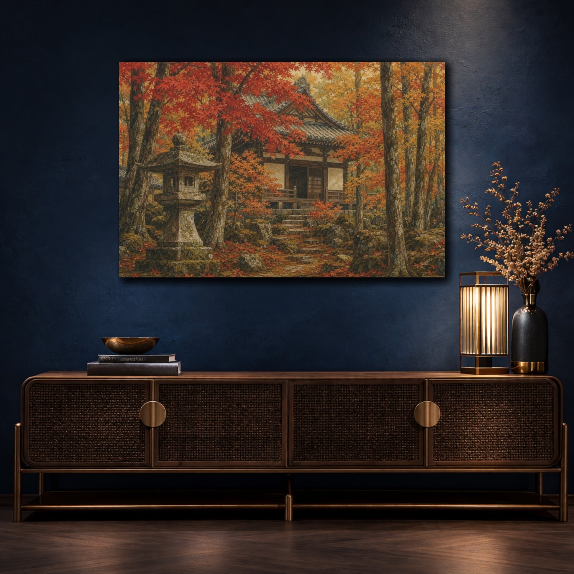 Mockup 4. Ceramic-Glaze Japanese Painting Autumn Maple Temple Garden With A Stone Lantern, Ochre, Russet And Moss shown as canvas print