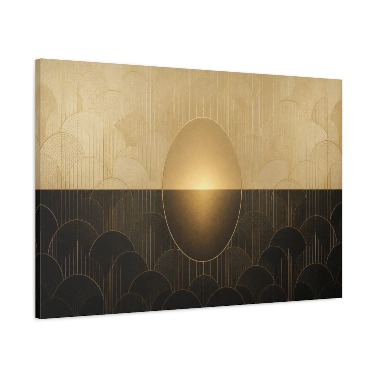 Main Mockup. Champagne Deco Oval Glow shown as canvas print