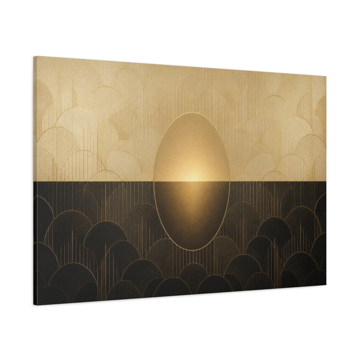 Side Mockup 1. Champagne Deco Oval Glow shown as canvas print