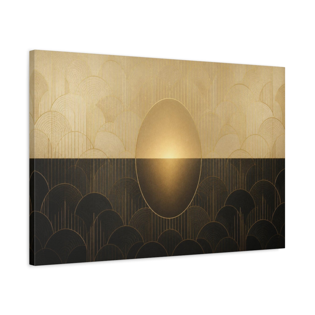 Side Mockup 2. Champagne Deco Oval Glow shown as canvas print