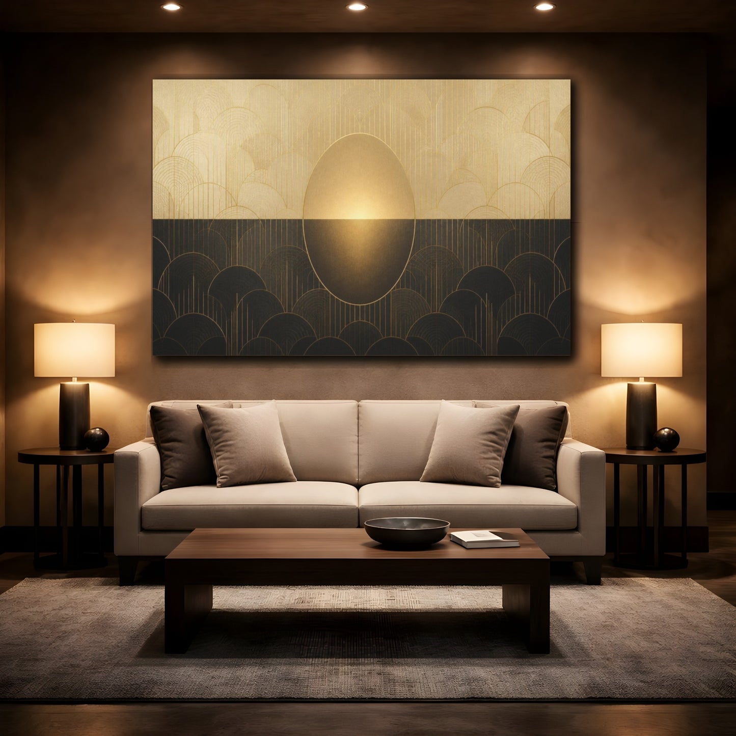 Mockup 2. Champagne Deco Oval Glow shown as canvas print