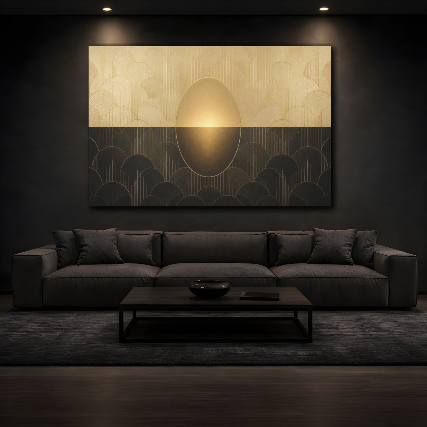 Mockup 3. Champagne Deco Oval Glow shown as canvas print