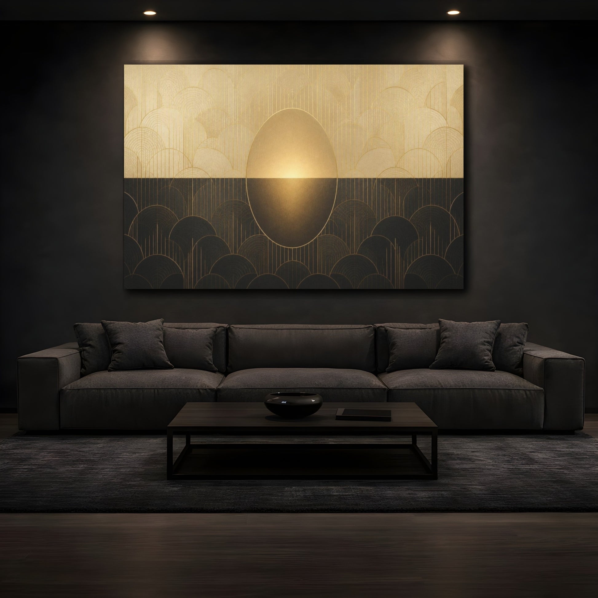 Mockup 3. Champagne Deco Oval Glow shown as canvas print