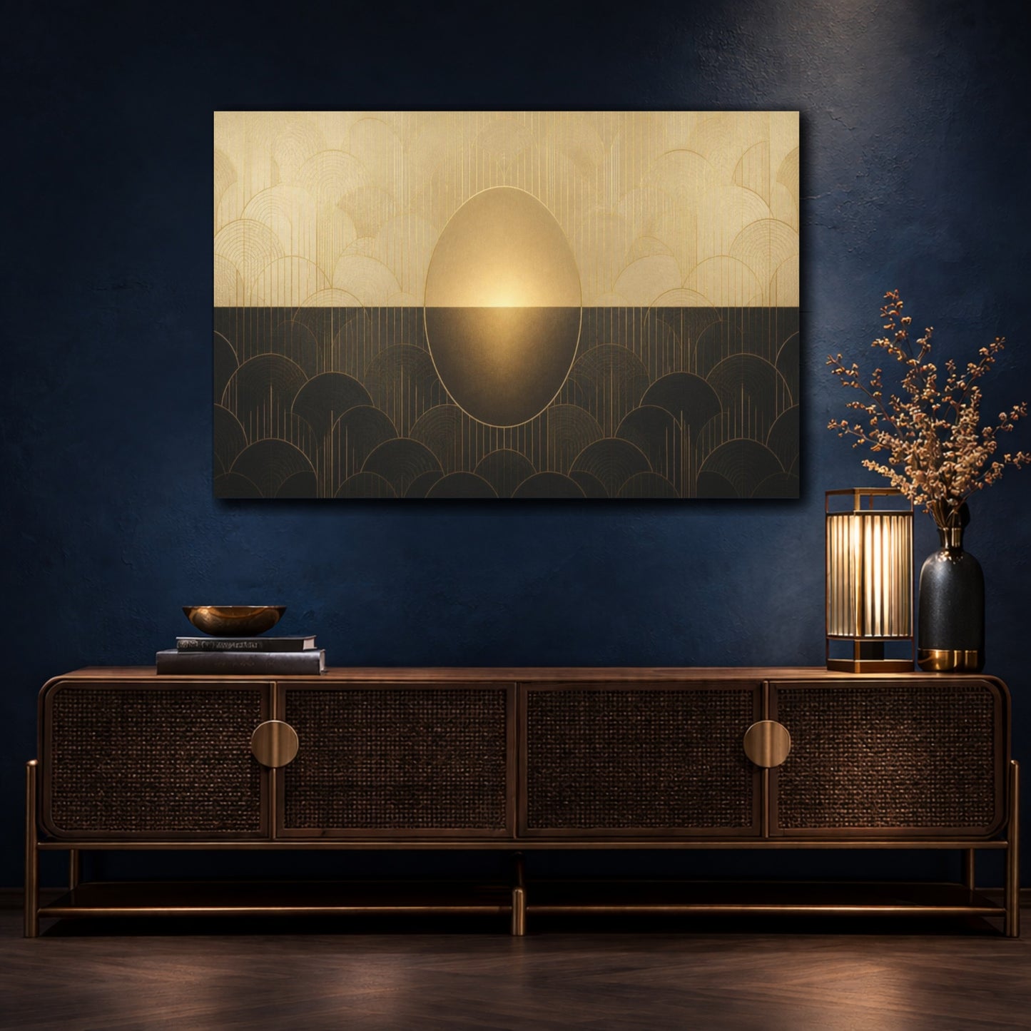 Mockup 4. Champagne Deco Oval Glow shown as canvas print