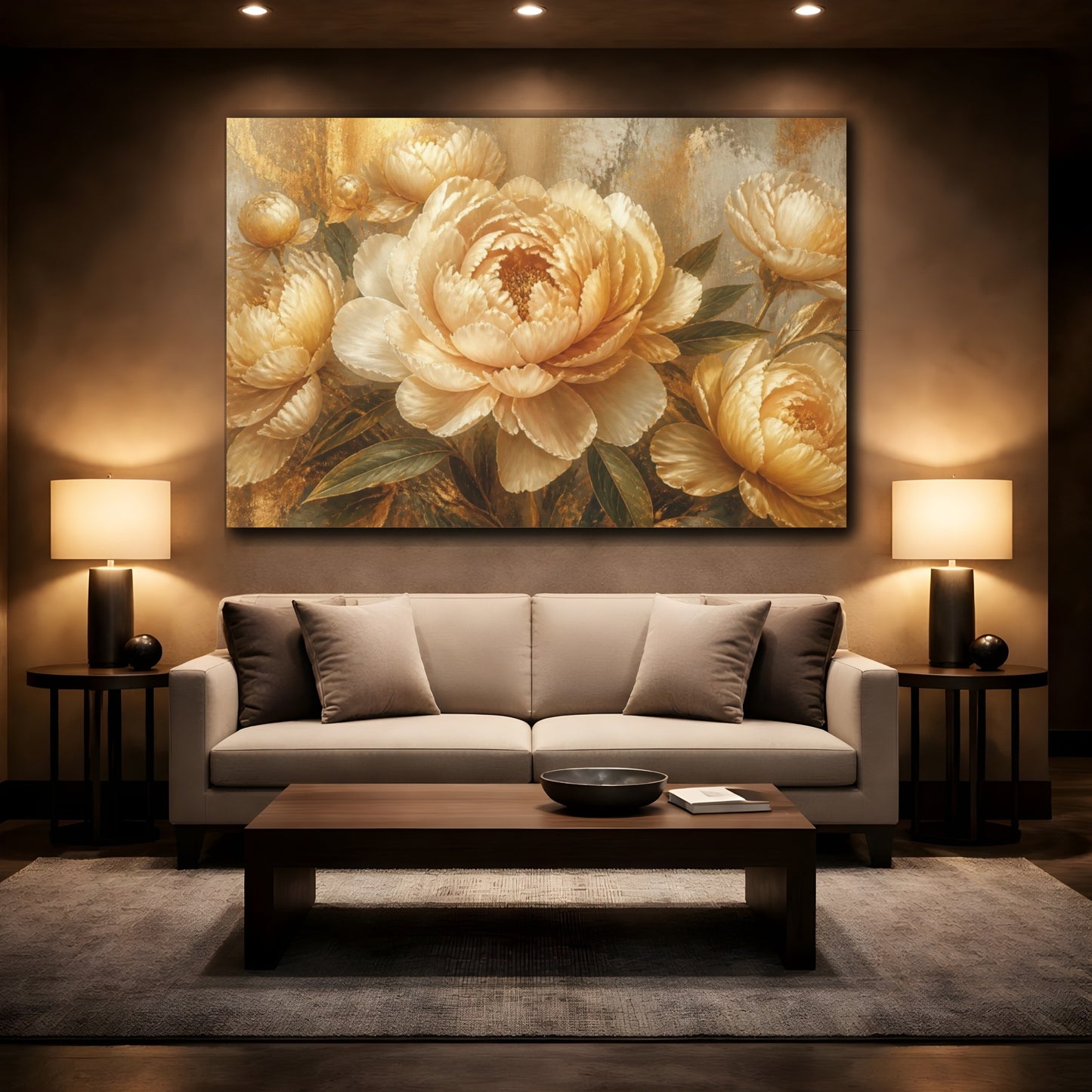 Mockup 2. Champagne Peony Floral shown as canvas print