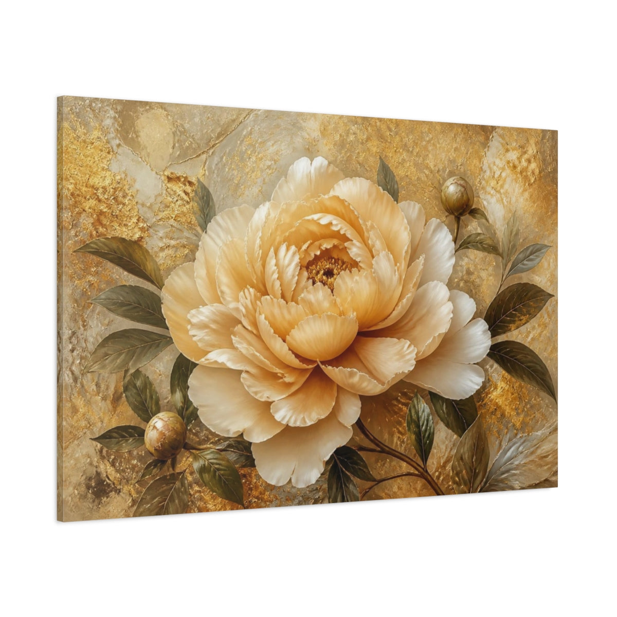 Side Mockup 1. Champagne Peony On Gold shown as canvas print