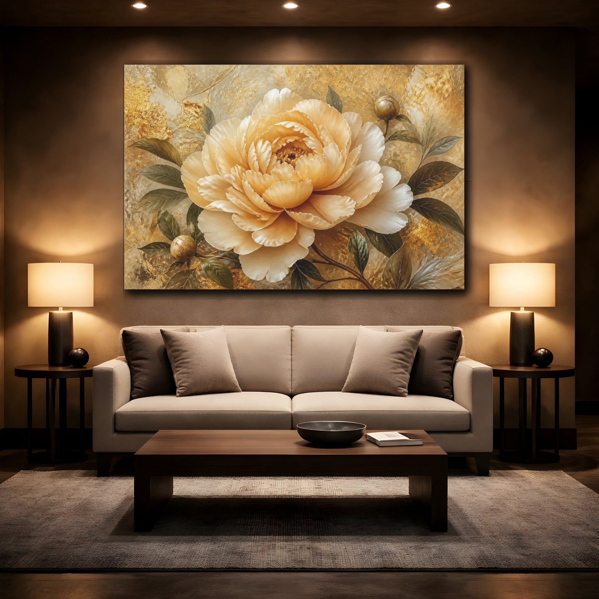 Mockup 2. Champagne Peony On Gold shown as canvas print