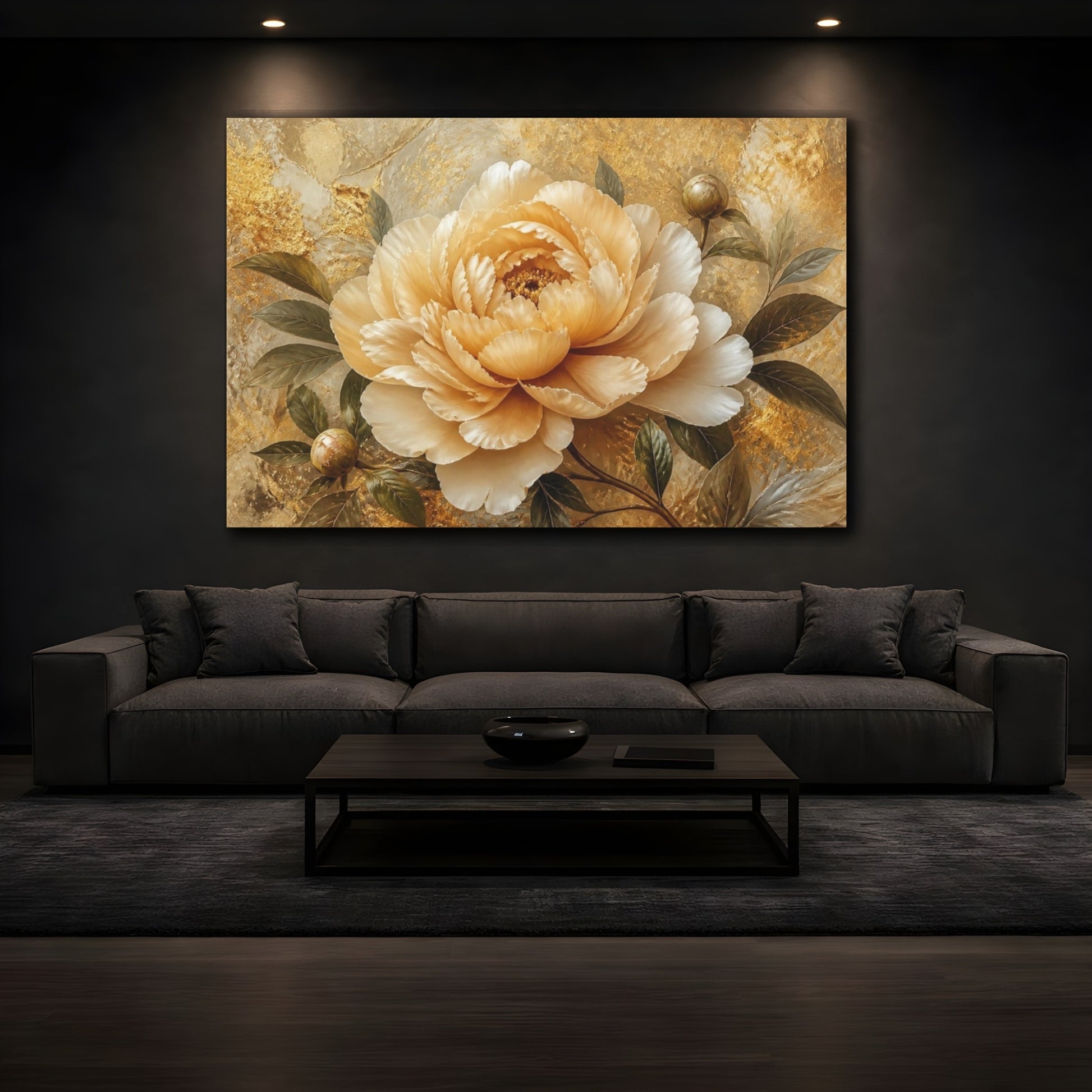 Mockup 3. Champagne Peony On Gold shown as canvas print