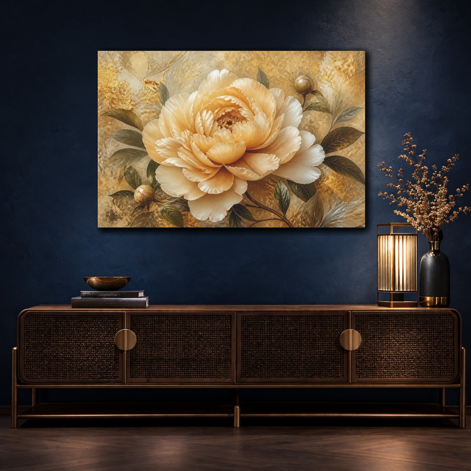 Mockup 4. Champagne Peony On Gold shown as canvas print