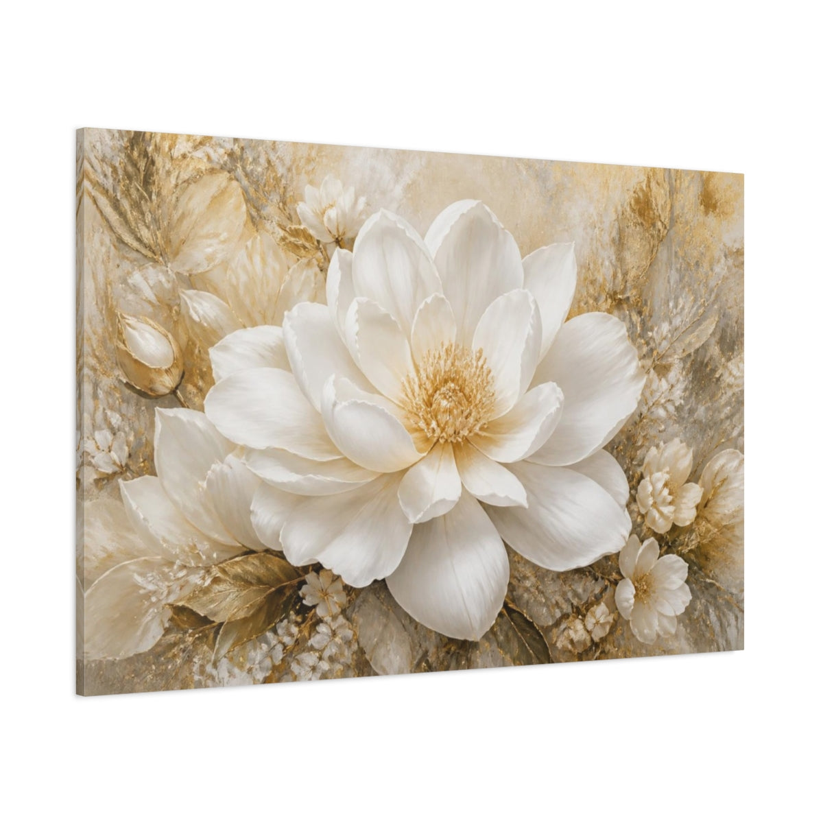 Side Mockup 1. Champagne White Blossom shown as canvas print