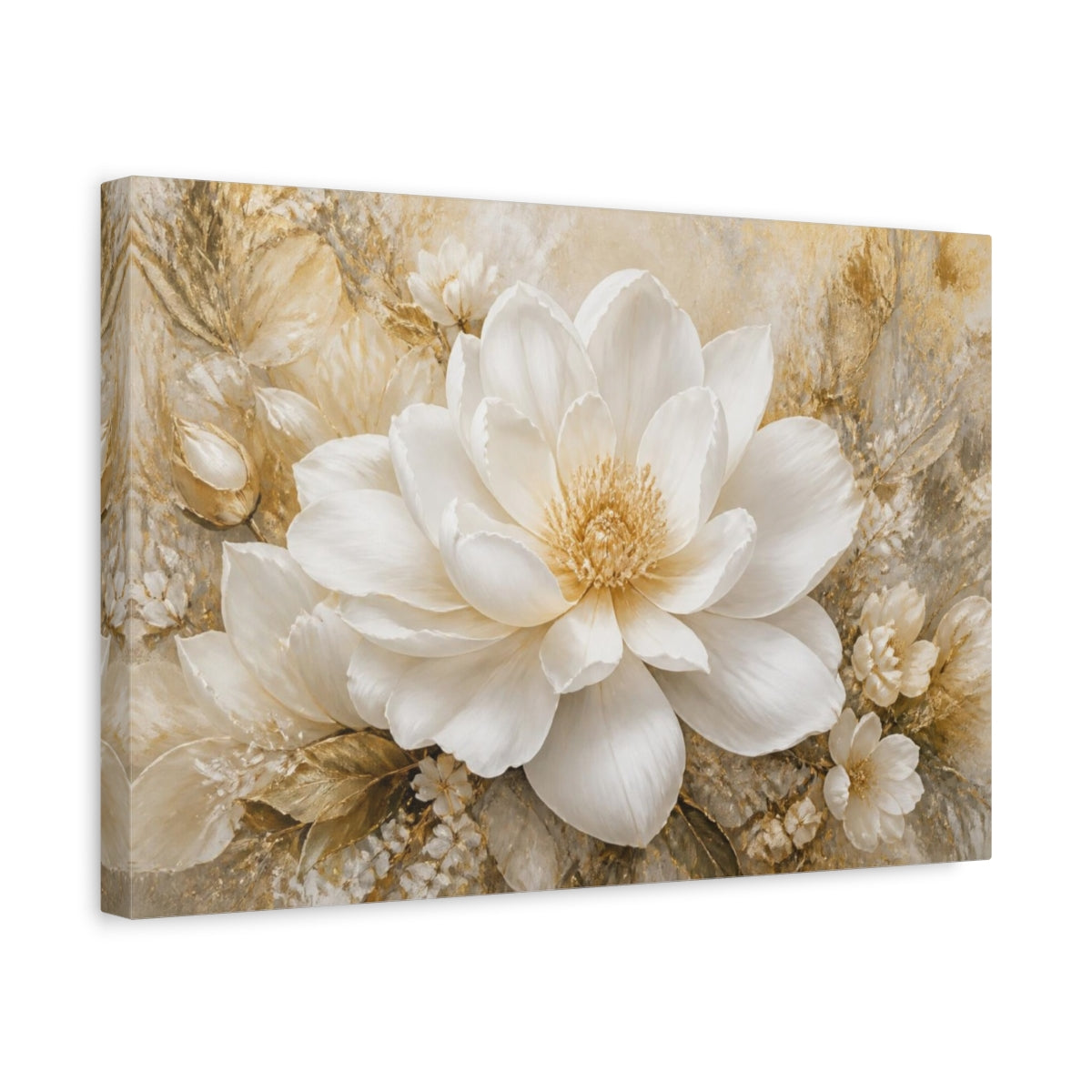 Side Mockup 4. Champagne White Blossom shown as canvas print