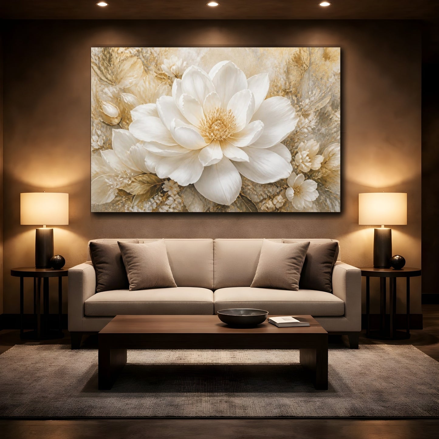 Mockup 2. Champagne White Blossom shown as canvas print