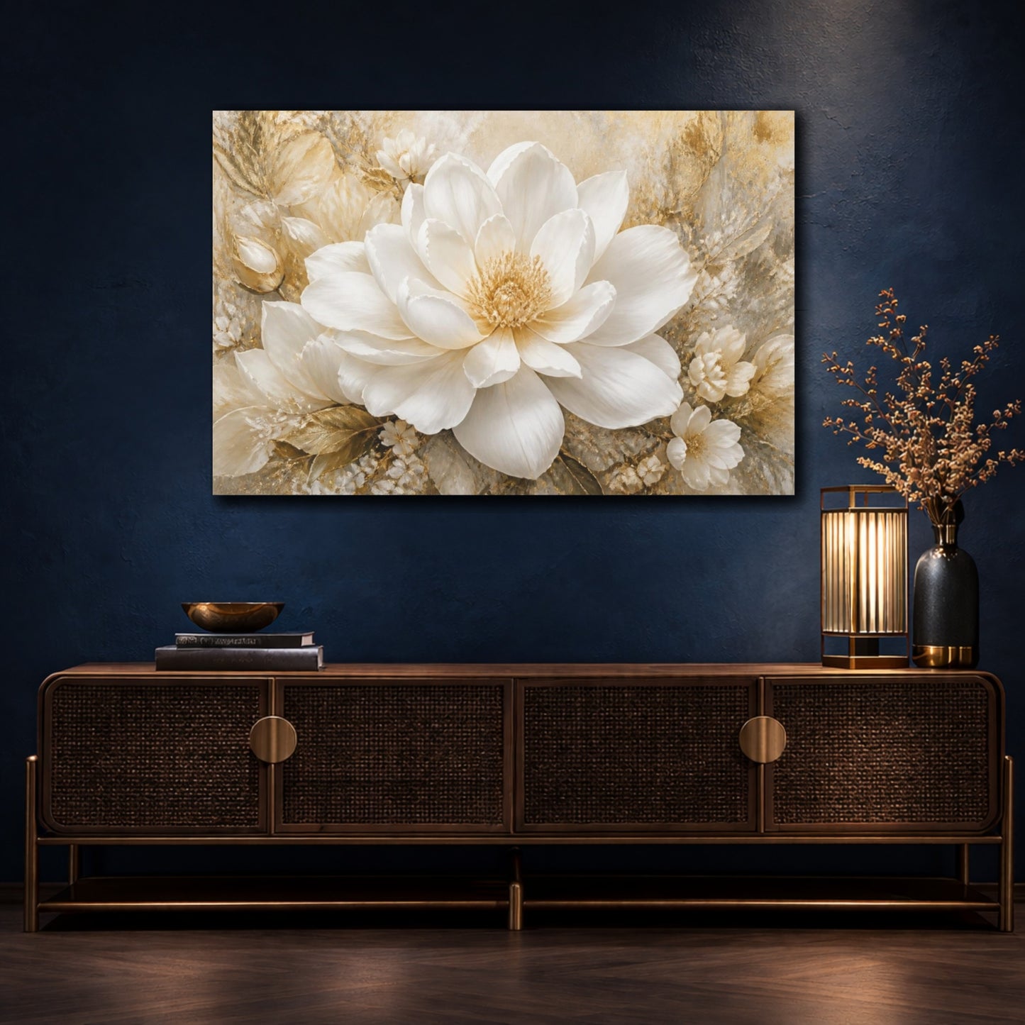 Mockup 4. Champagne White Blossom shown as canvas print