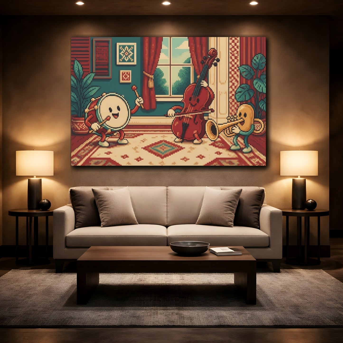 Mockup 2. Cheerful Pixel Instruments shown as canvas print