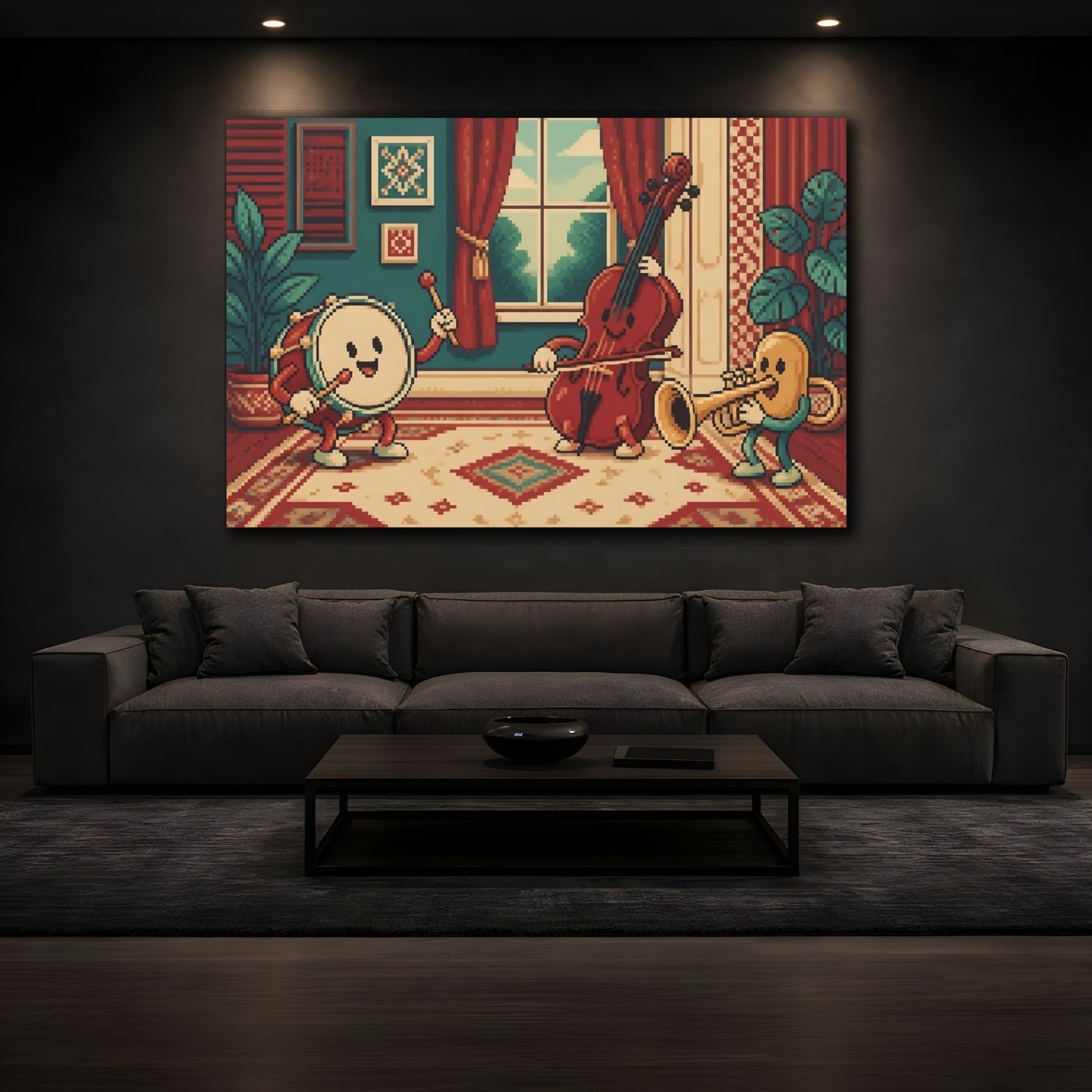 Mockup 3. Cheerful Pixel Instruments shown as canvas print