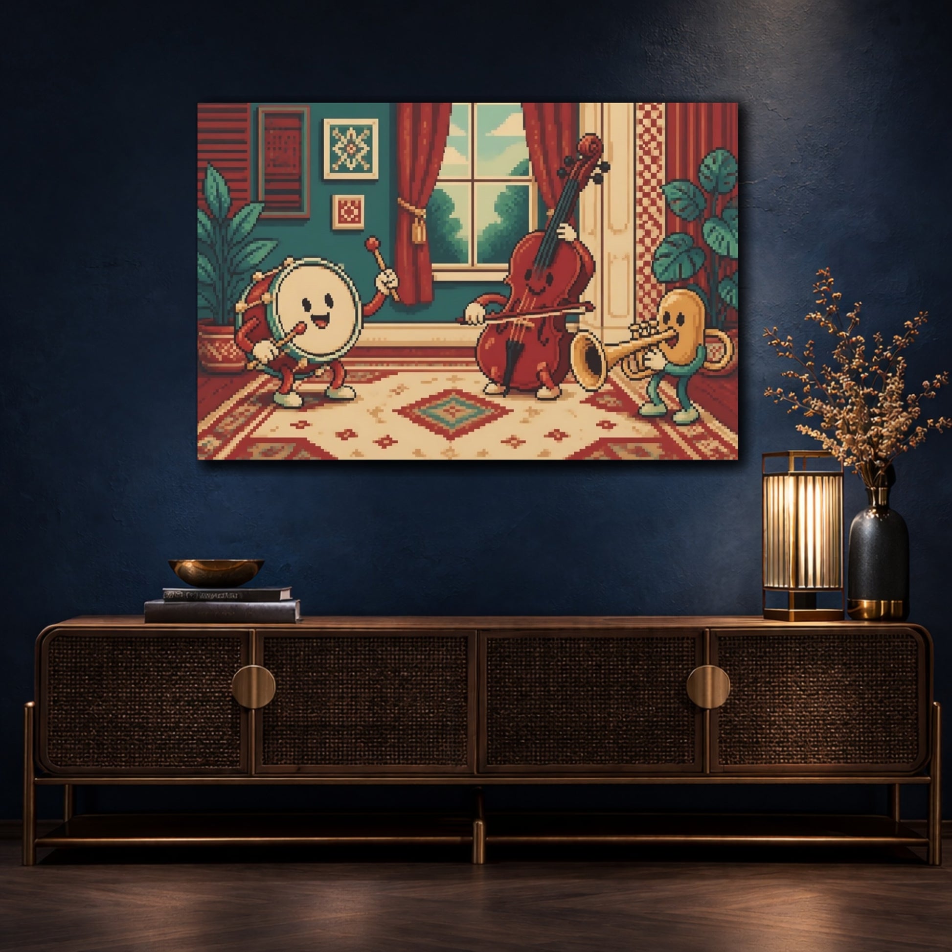 Mockup 4. Cheerful Pixel Instruments shown as canvas print