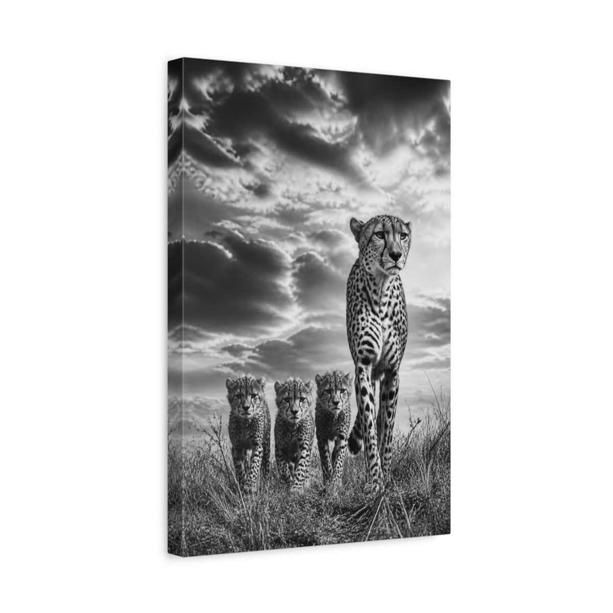 Side Mockup 4. Cheetah Mother And Cubs Animals shown as canvas print