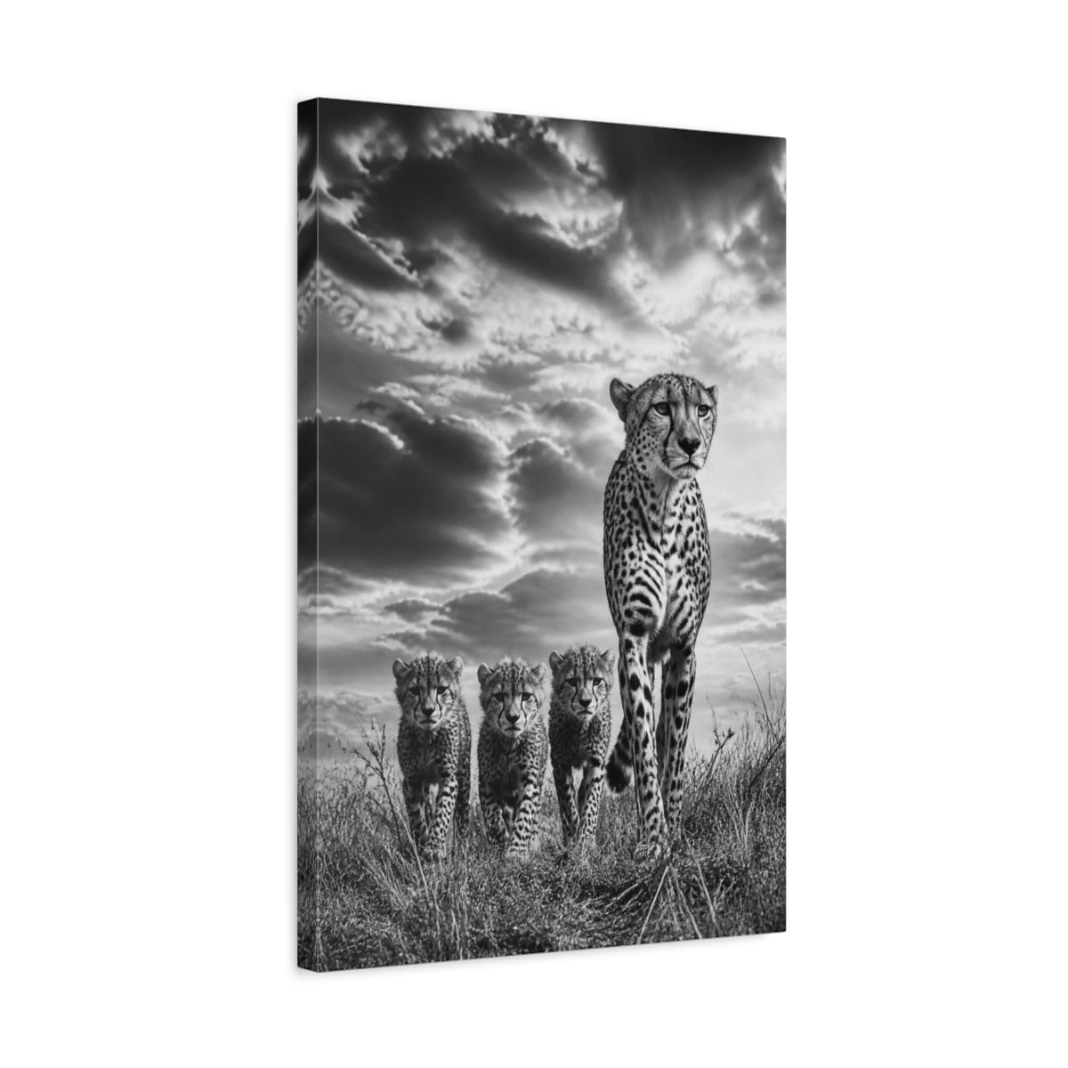 Side Mockup 3. Cheetah Mother And Cubs Animals shown as canvas print