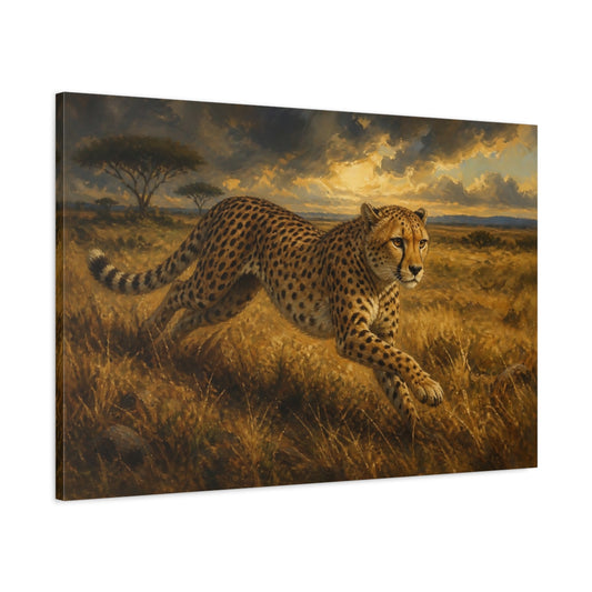 Main Mockup. Cheetah Sprint At Dusk shown as canvas print