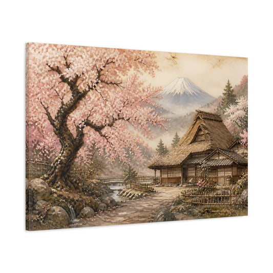 Cherry Blossom Cottage Canvas Print Wall Art – Living Room Decor, Above Console Table - YesArtYes
