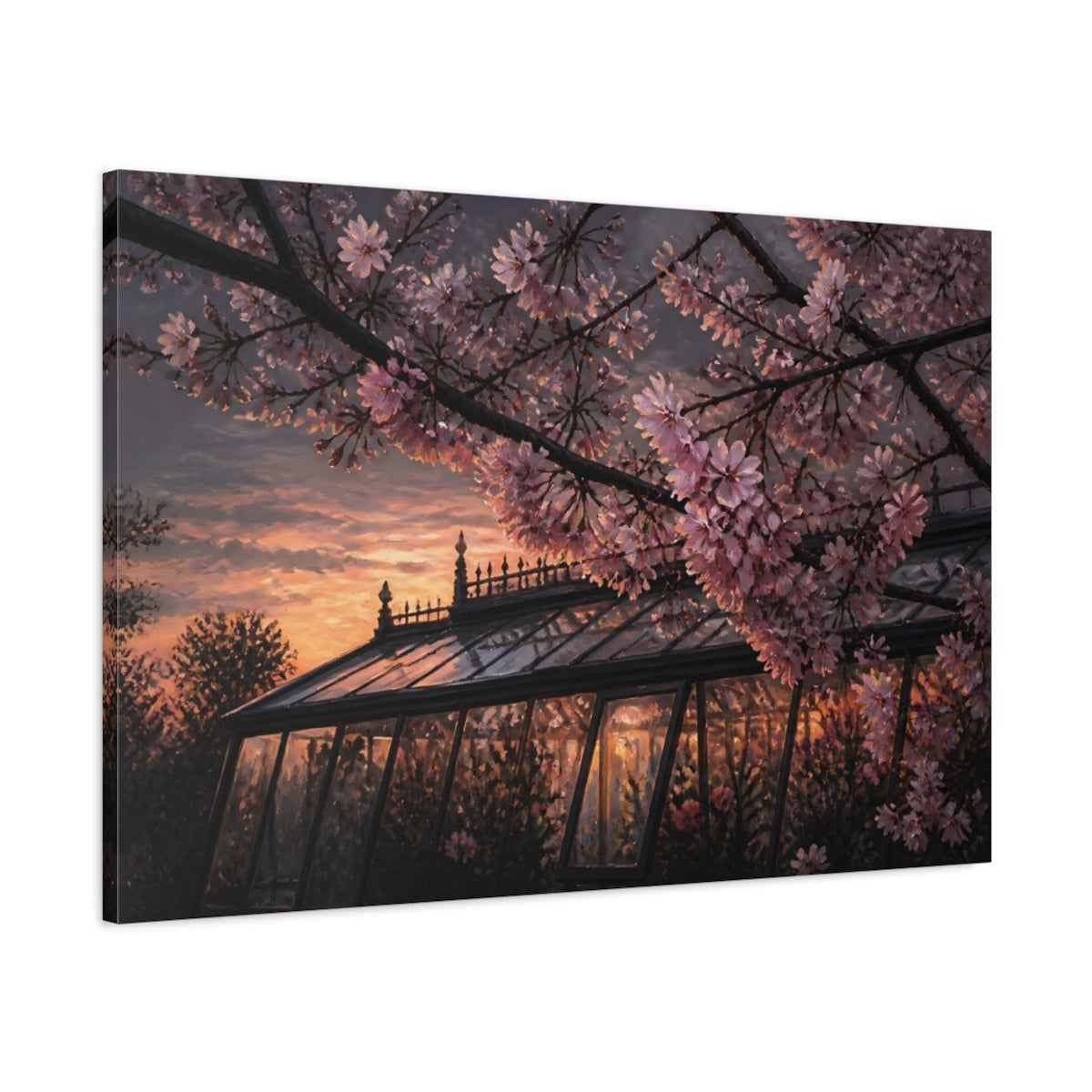 Main Mockup. Cherry Blossom Greenhouse Sunset shown as canvas print