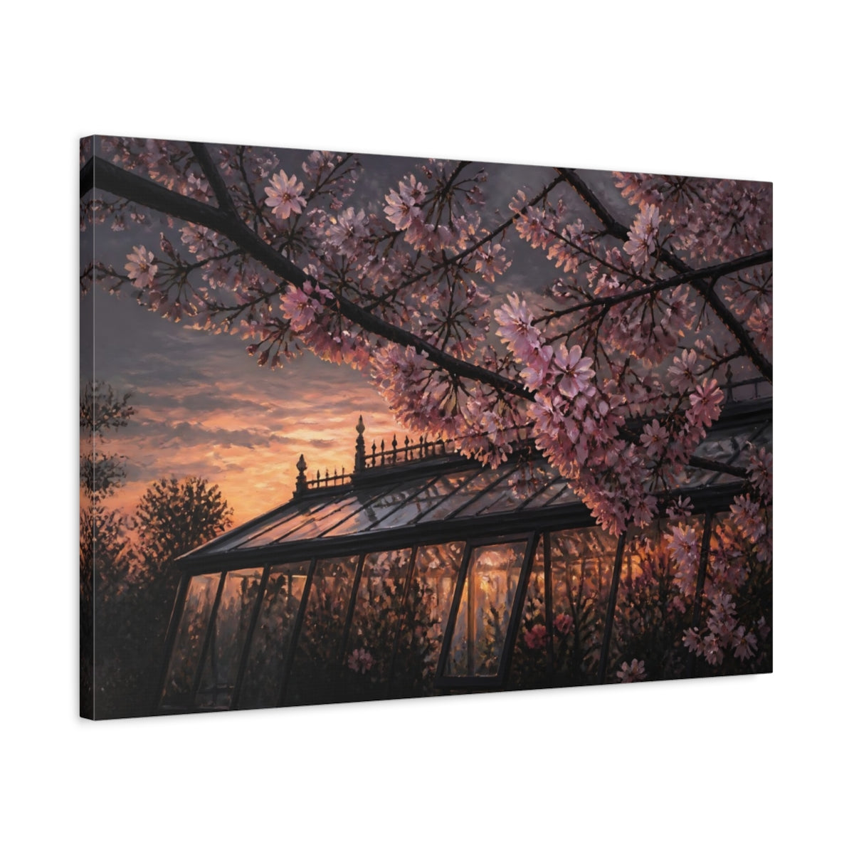 Side Mockup 2. Cherry Blossom Greenhouse Sunset shown as canvas print