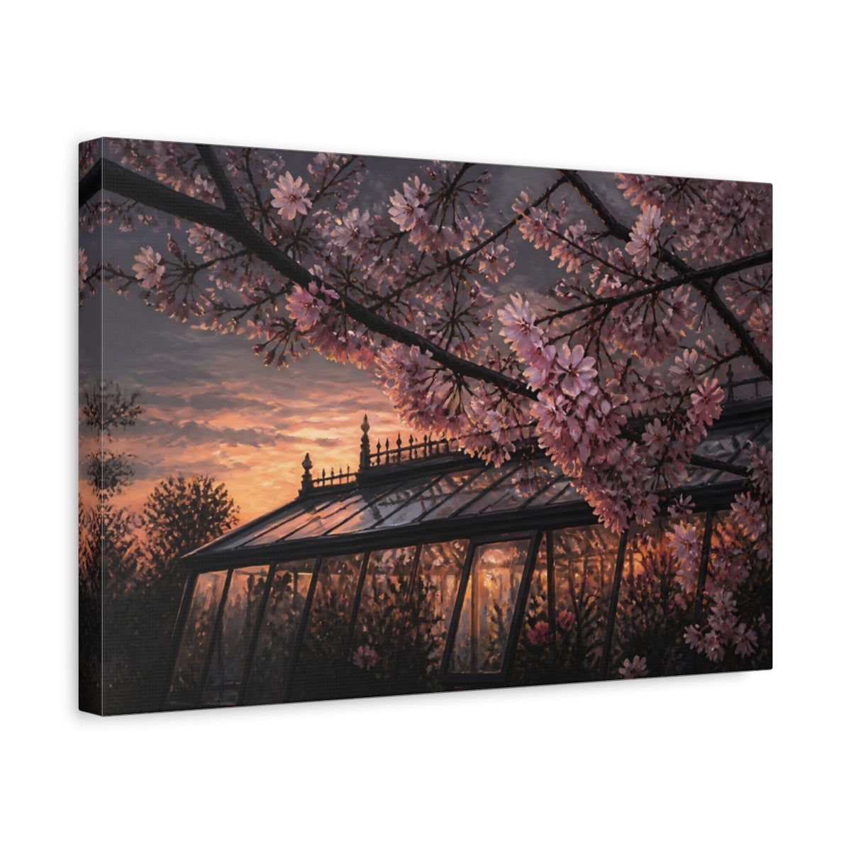 Side Mockup 4. Cherry Blossom Greenhouse Sunset shown as canvas print